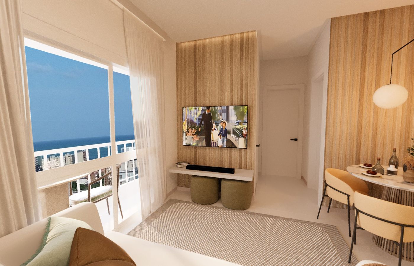 Sala de apartamento em render 3D da ICÔNICO STUDIO